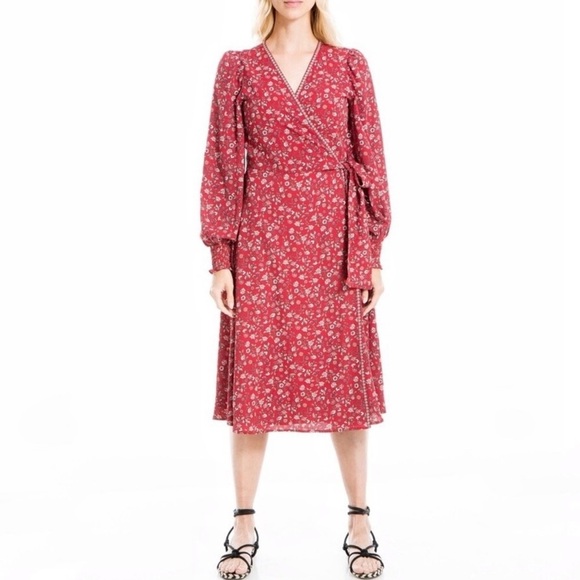NWT Max Studio Balloon Sleeve Red Floral Wrap Dress Size S - Picture 1 of 9